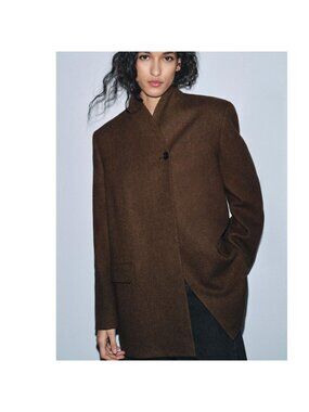 New ZARA Herringbone Wool Blend Blazer ZW Collection Brown Jacket XL